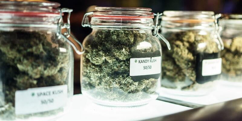 cannabis flower on dispensary shelf