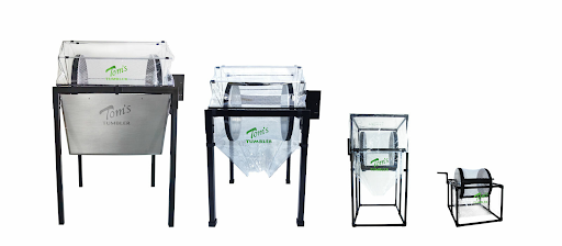 A lineup of Tom’s Tumbler TTT units from largest to smallest bud trimmer